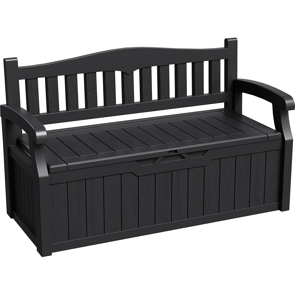 Greesum 80 Gallon Storage Bench Outdoor Deck Box with Armrest, Patio Furniture,Lockable, Waterproof and UV Resistant, Suitable for Garden, Pool, Black