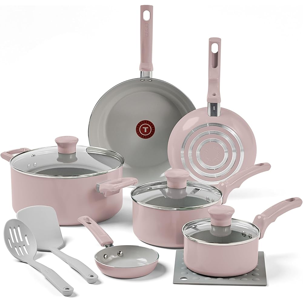 T-Fal Refresh Ceramic Nonstick Cookware Set, 12-Piece, Oven and Broiler Safe up to 350°F, Includes Stockpot, Griddle, Frying Pans, and Utensils, Pots and Pans, Dusty Rose