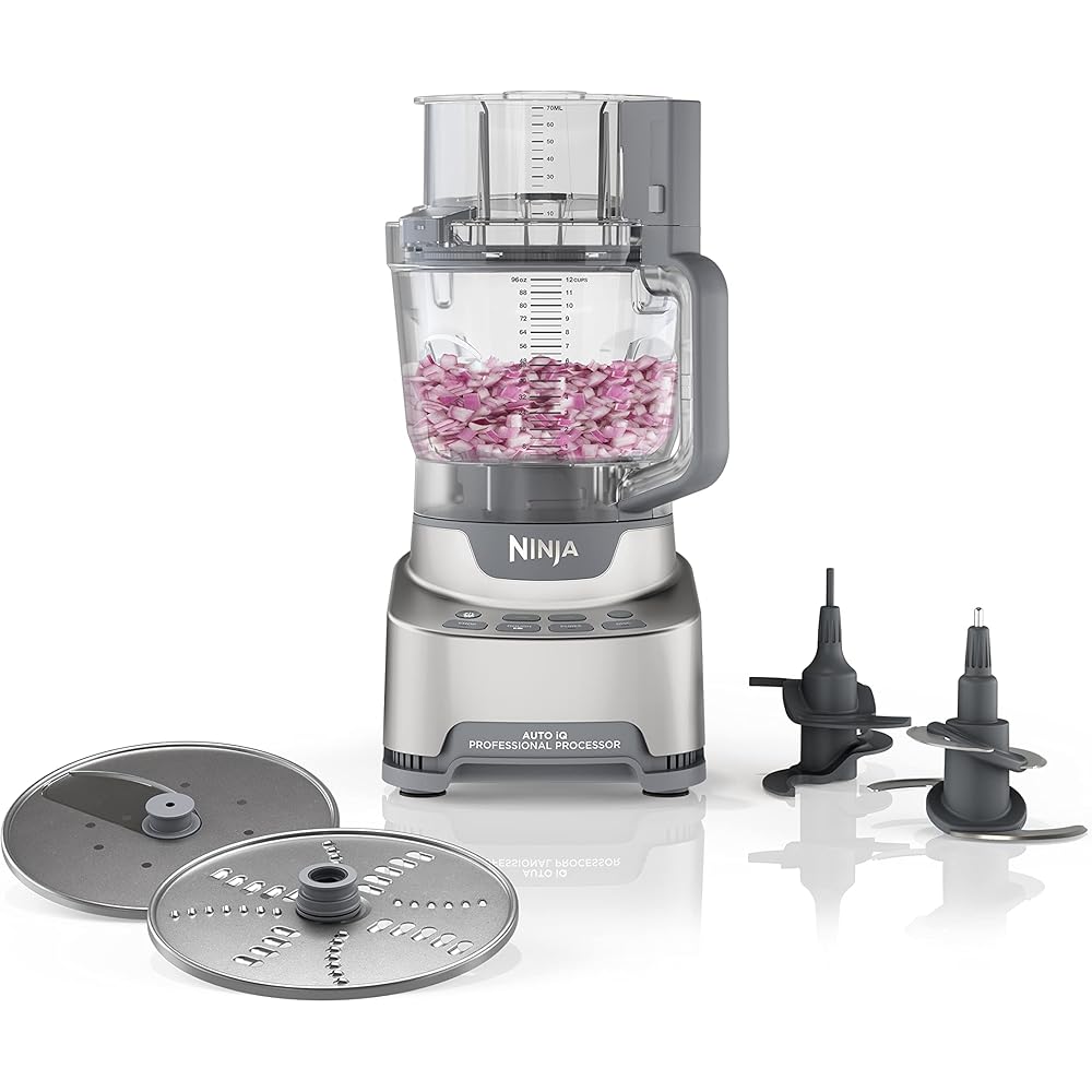 Ninja Food Processor, Professional XL, 1200 Peak-Watts, 4-in-1, Chopping, Slicing/Shredding, Purees, Dough, 12-Cup Processor Bowl, 2 Blades &amp; 2 Discs, Feed Chute/Pusher, Black, NF701