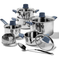T-fal Essentials Stainless Steel Cookware Set 12 Piece, Induction Compatible, Oven Safe 350F, Cooking Set w/Stewpots, Stockpot, Saucepan, Lids &amp; Tools, Measuring Marks, Dishwasher Safe, Silver/Blue