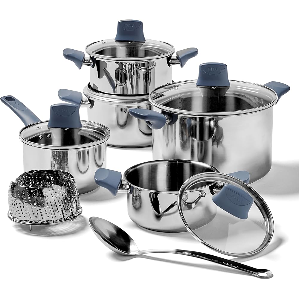 T-fal Essentials Stainless Steel Cookware Set 12 Piece, Induction Compatible, Oven Safe 350F, Cooking Set w/Stewpots, Stockpot, Saucepan, Lids &amp; Tools, Measuring Marks, Dishwasher Safe, Silver/Blue