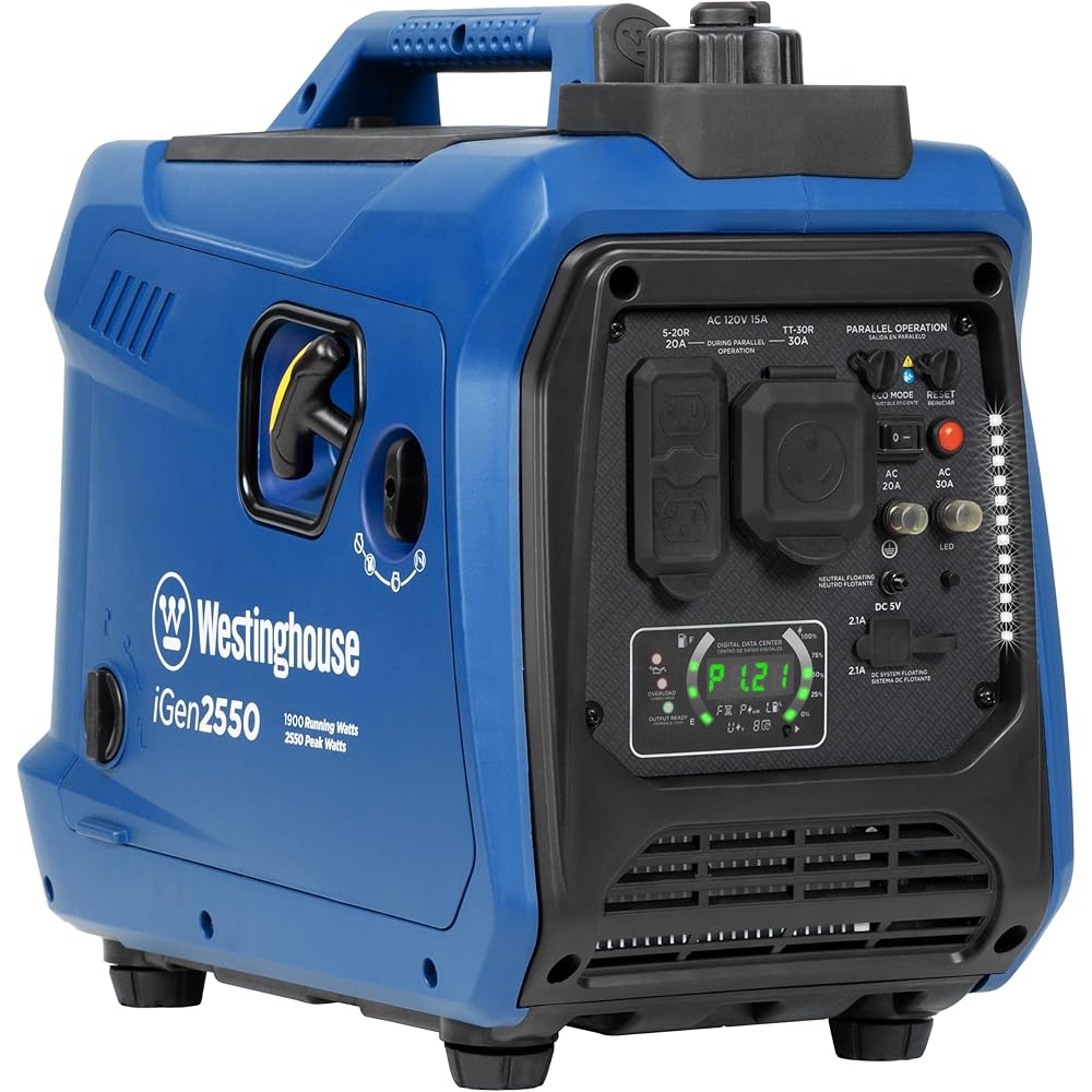 Westinghouse 2550 Peak Watt Super Quiet &amp; Lightweight Portable Inverter Generator, RV Ready 30A Outlet, Gas Powered, Parallel Capable, Long Run Time,Blue