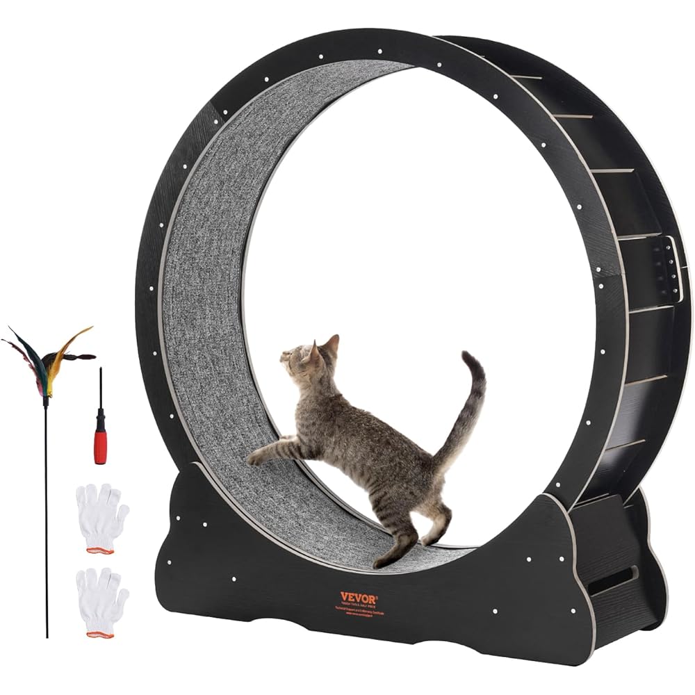 VEVOR 43.3-Inch Large Wooden Cat Exercise Wheel Treadmill (Black)