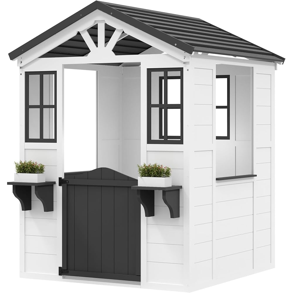 Cedar Wooden Kids Playhouse with Play Kitchen, Wooden Adventures Cottage for Backyard, Outdoor Toddler Playhouse for Kids with Vinyl Roof