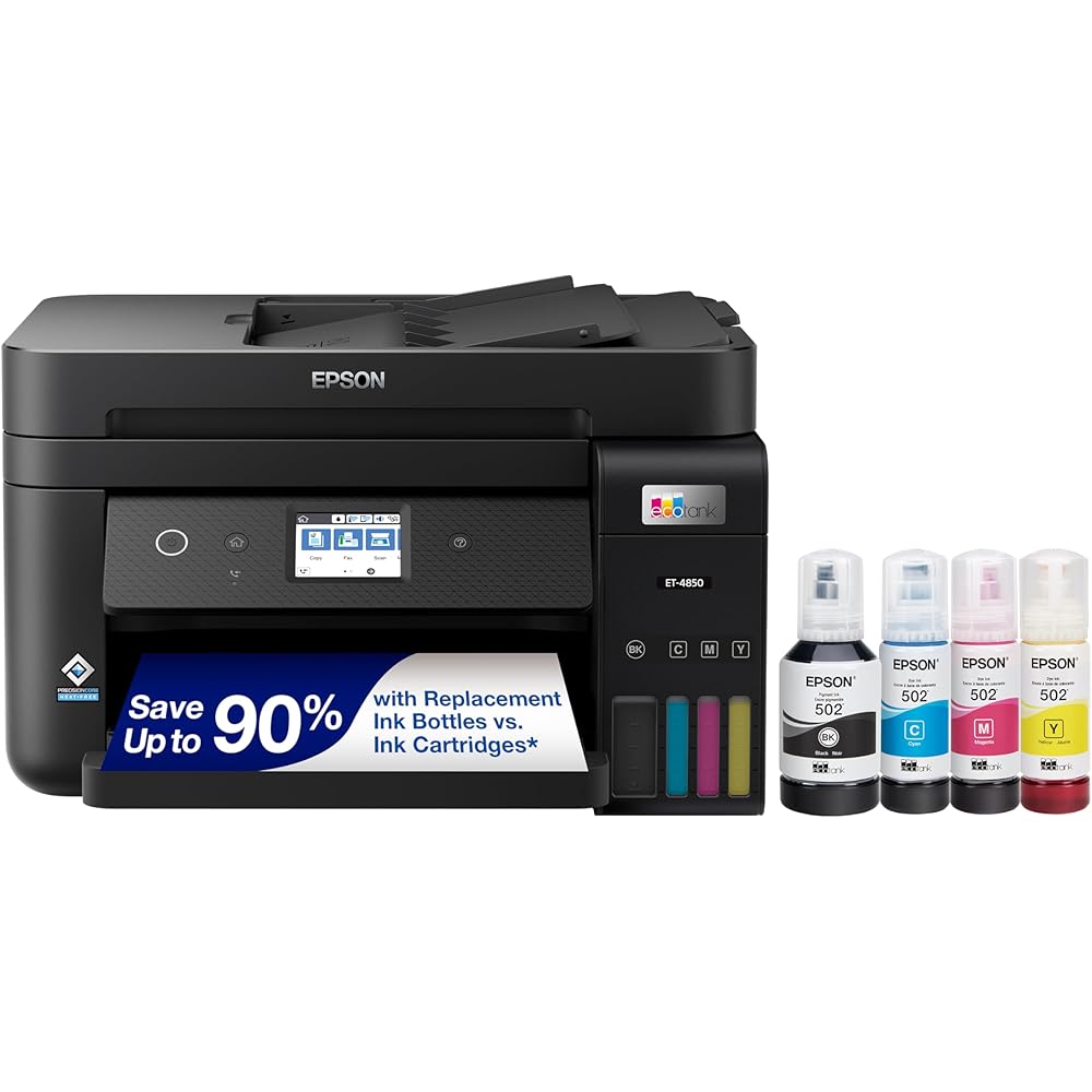 Epson EcoTank ET-4850 Wireless All-in-One Cartridge-Free Supertank Printer with Scanner, Copier, Fax, ADF and Ethernet – The Perfect Printer Office Black (Renewed Premium)