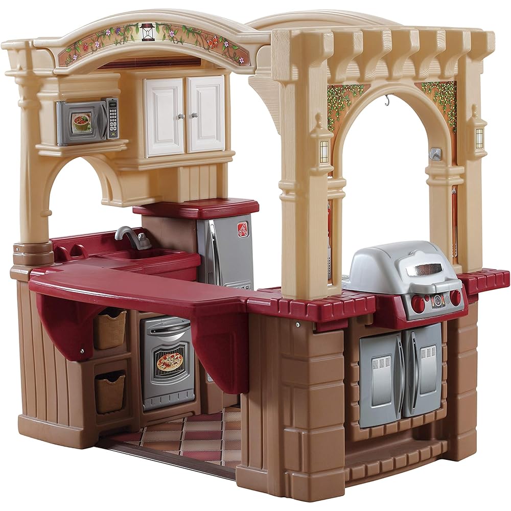 Step2 Grand Walk-In Kitchen &amp; Grill Kids Playset, Indoor/Outdoor Kitchenette, Interactive Play with Lights and Sounds, Durable Plastic, 103 Piece Toy Accessories, Toddlers 2+ Years Old, Brown/Tan
