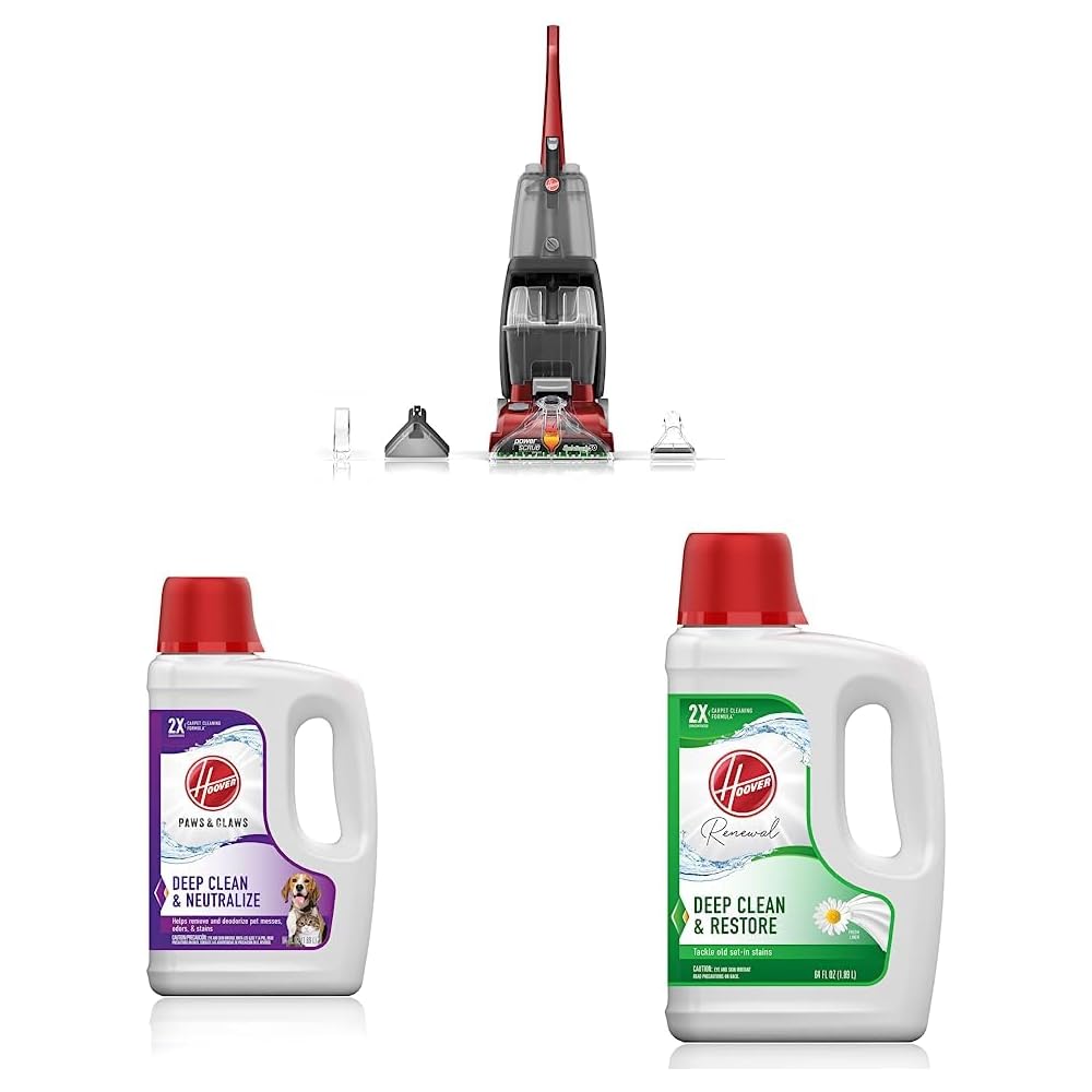 Hoover Power Scrub Deluxe Carpet Cleaner Machine &amp; Paws &amp; Claws Deep Cleaning Carpet Shampoo with Stainguard &amp; Renewal Deep Cleaning Carpet Shampoo, Concentrated Machine Cleaner Solution, 64oz Formula