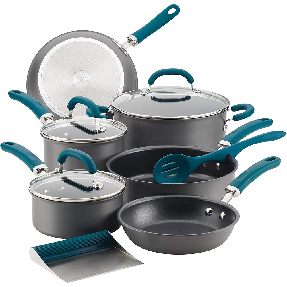 Rachael Ray Create Delicious Hard Anodized Nonstick Cookware Pots and Pans Set, 11 Piece, Gray with Teal Handles