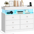 YITAHOME 6 Drawer Dressers with LED Lights and with Charging Station, Wood Dressers Chests of Drawers, Modern Dresser with Open Shelf Storage for Room, Entryway, Hallway, White