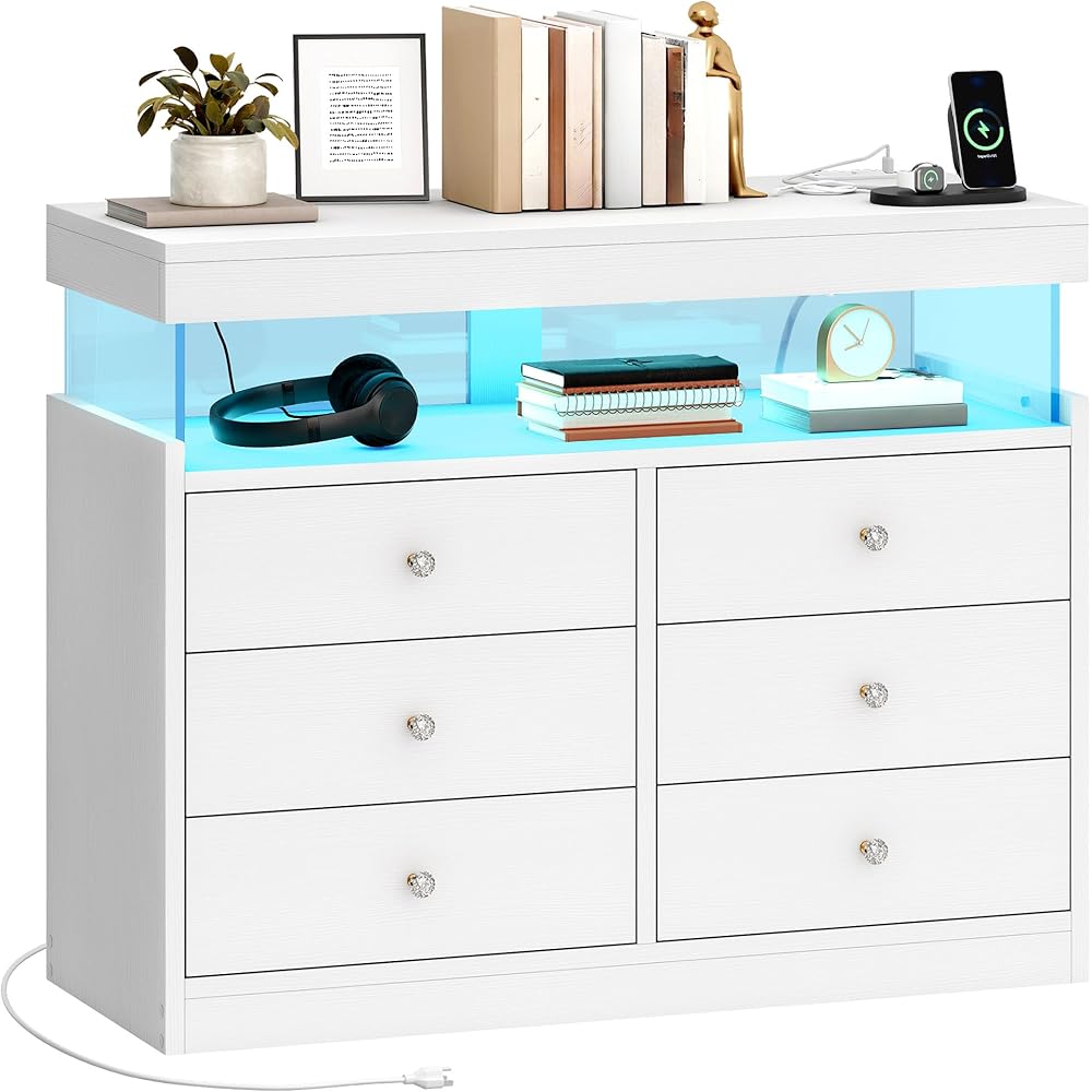 YITAHOME 6 Drawer Dressers with LED Lights and with Charging Station, Wood Dressers Chests of Drawers, Modern Dresser with Open Shelf Storage for Room, Entryway, Hallway, White