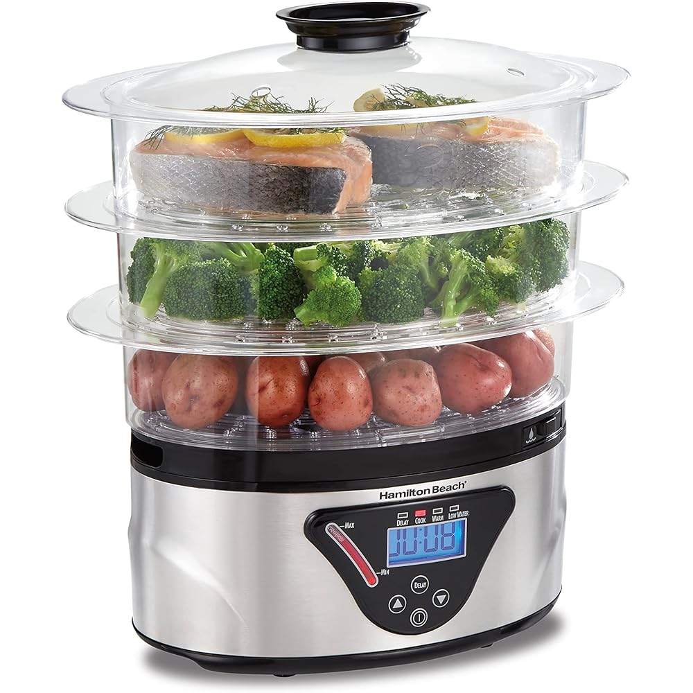 Hamilton Beach Digital Electric Food Steamer &amp; Rice Cooker for Quick, Healthy Cooking with Stackable Three-Tier Bowls for Vegetables and Seafood, 8.25 Quart, Black &amp; Stainless Steel