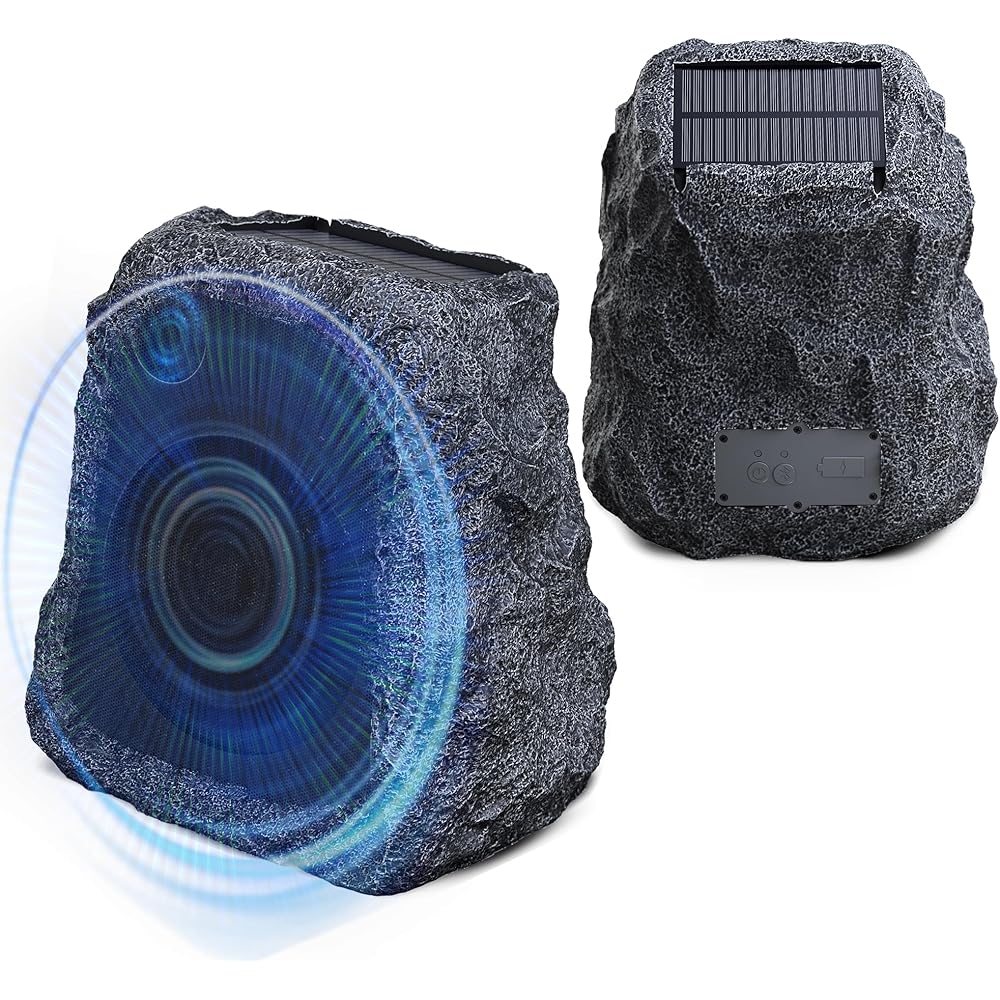 BlitzRock Outdoor Rock Speakers Wireless 80W Power Solar-Powered, 2 Drivers, Auto-Sync and Pair 100+ Speakers, IPX7 Waterproof, 24H Playtime Garden, Patio, Pool, Ideal for Music Entertainers 2 Pack