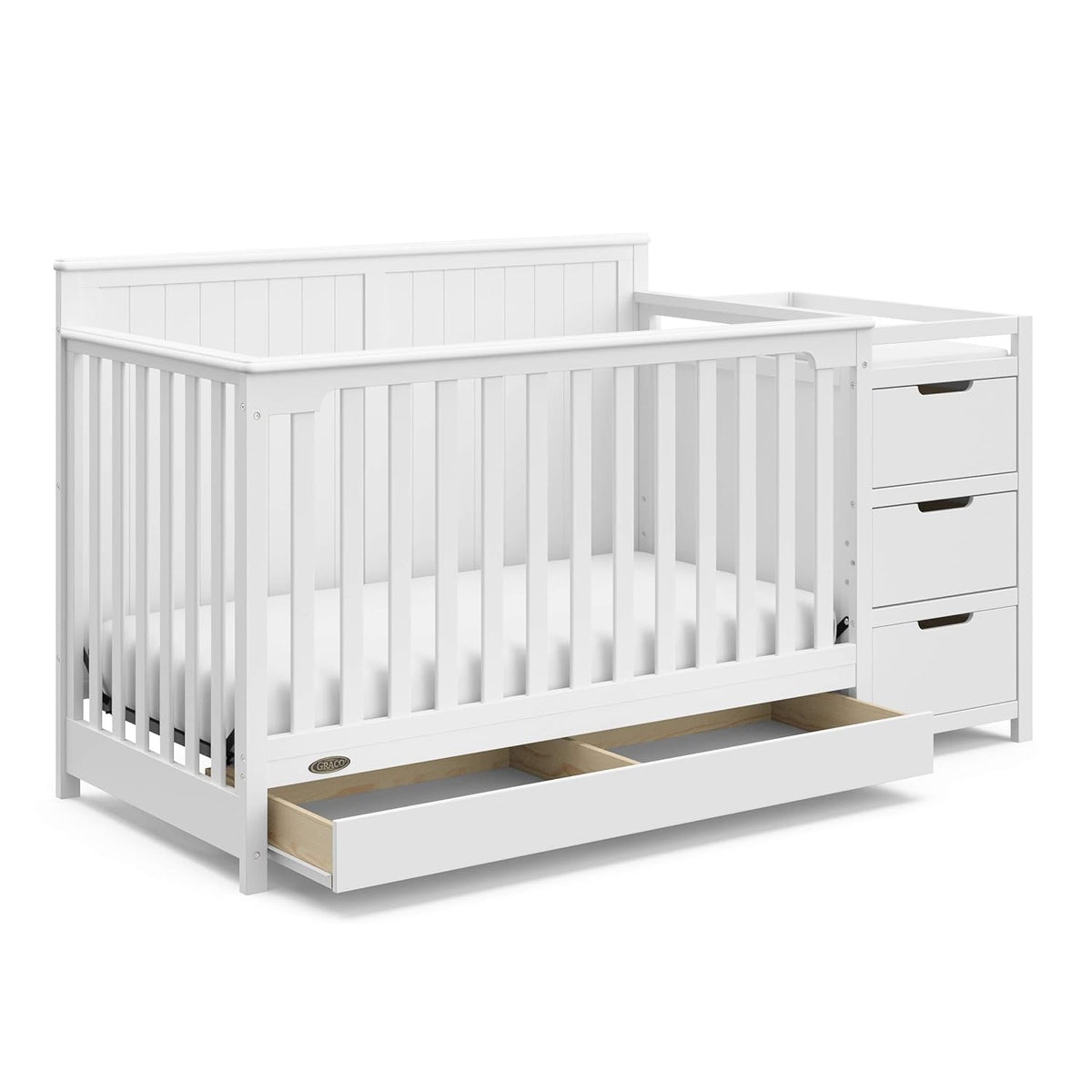 Graco Hadley All-in-One Convertible Crib &amp; Changer (White) – GREENGUARD Gold Certified, Fits Standard Crib Mattress, Converts to Toddler Bed and Full Bed, 4 Adjustable Mattress Heights