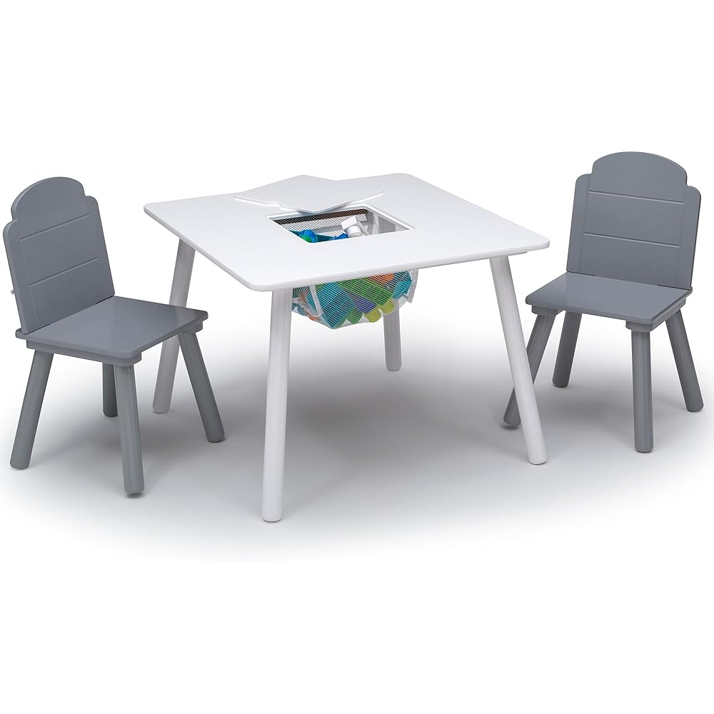 Delta Children Finn 3-Piece Table and Chair Set with Storage (White/Grey)