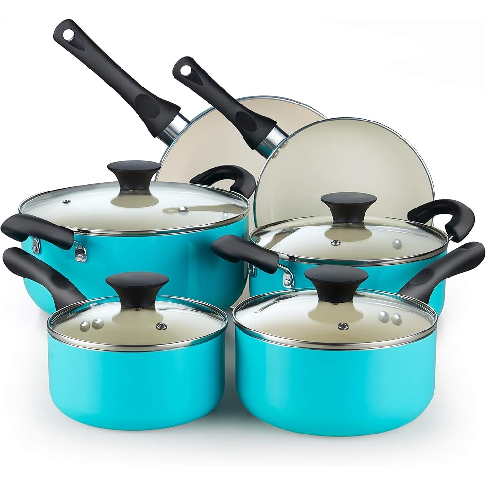 Cook N Home 10-Piece Ceramic Nonstick Cookware Set Pots, Pans, Dutch Oven, Saucepans, Frying Pans and Lids Turquoise
