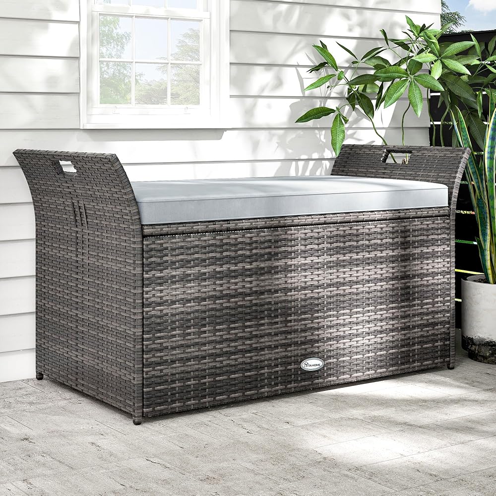 YITAHOME 90 Gallon Outdoor Wicker Storage Bench w/Cushion, Large PE Rattan Deck Storage Box w/Handles &amp; Hydraulics for Patio Furniture, Cushions, Garden Tools, Pool &amp; Sports Equipment, Grey