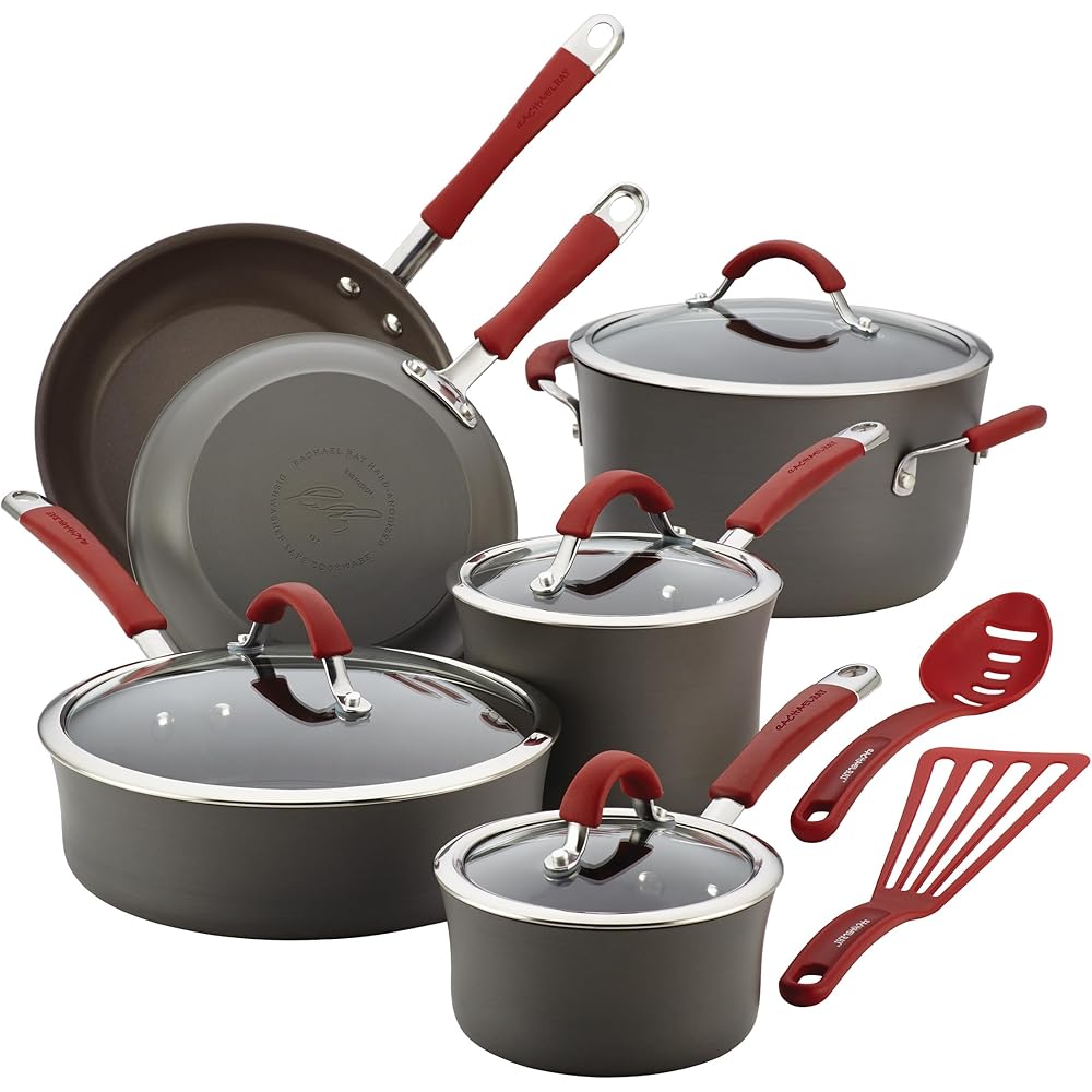 Rachael Ray 87630 Rachael Ray Cucina Hard Anodized Nonstick Cookware Pots and Pans Set, 12 Piece, Gray with Red Handles