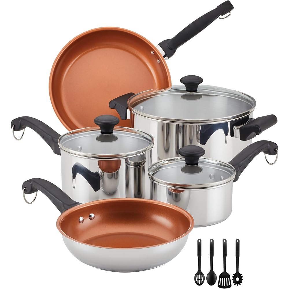 Farberware Classic Traditions Stainless Steel Cookware Induction Pots and Pans Set with Prestige Cooking Utensils, 12 Piece Stainless Steel