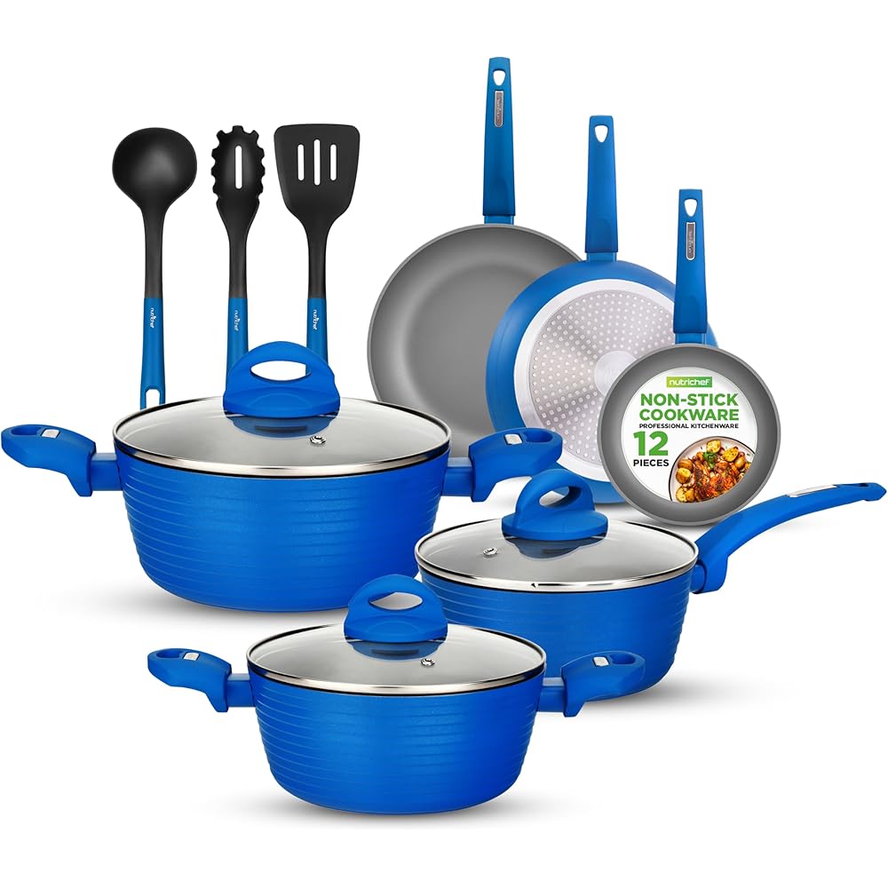 NutriChef 12-Piece Nonstick Kitchen Cookware Set PFOA/PFOS-Free Heat Resistant Lacquer Kitchen Ware Pots Pan Set Light Gray/Blue Saucepot, Pans, Cooking Pot Oven Pot, Lid, Utensils