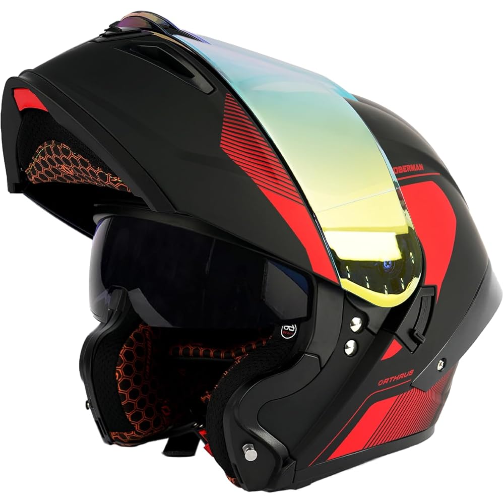 Orthrus Modular LED Full Face Motorcycle Helmet DOT Approved Flip-Up Dual Visor Sun Shield &amp; Bluetooth Ready for Adults Men Women Street Bike/Motocross (Dobermann Red, M)