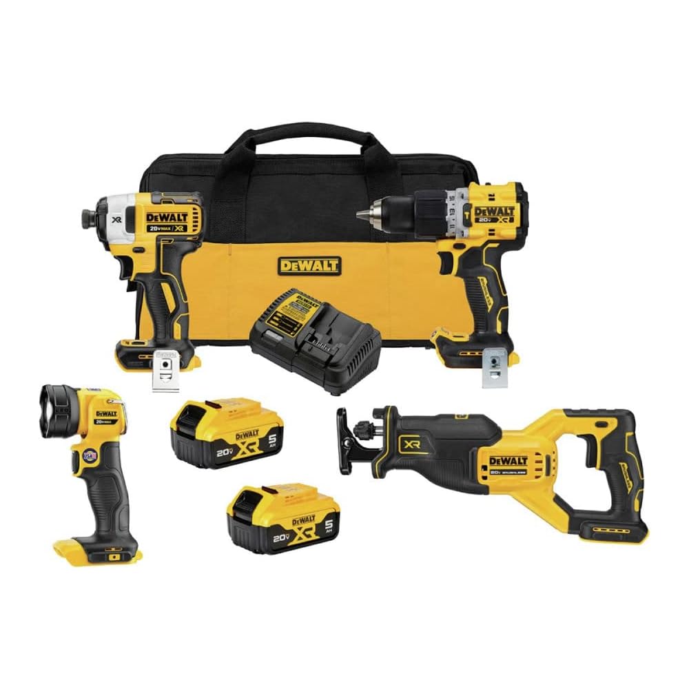 DEWALT 20V MAX XR Power Tools Combo Kit, Hammer Drill, Impact Driver, Reciprocating Saw, and Work Light, 4-TOOL (DCK449P2)