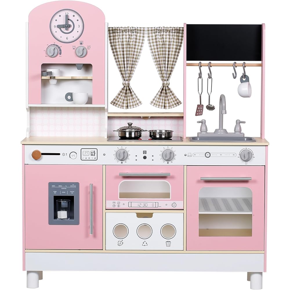 EDUBEBO Height-Adjustable Wooden Play Kitchen Toy Set (Pink)