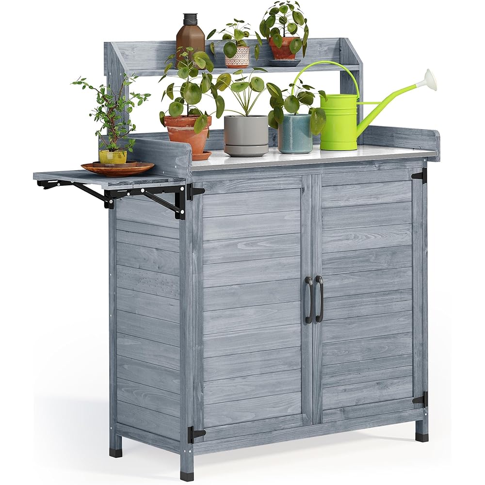 YITAHOME Solid Wood Potting Bench Table with Metal Tabletop (Grey)