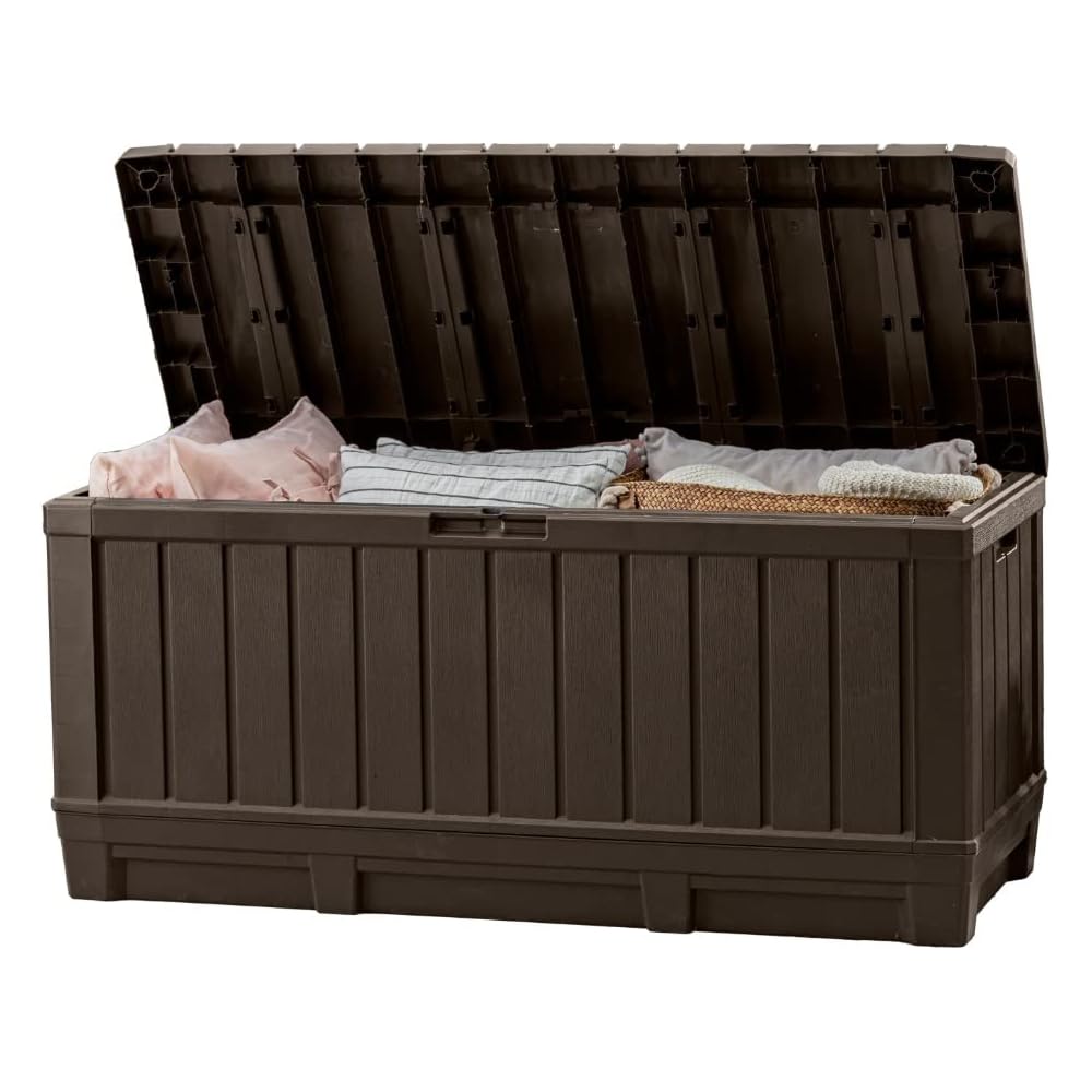 Keter Kentwood 92 Gallon Resin Deck Box-Organization and Storage for Patio Furniture Outdoor Cushions, Throw Pillows, Garden Tools and Pool Floats, Brown
