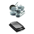 Rachael Ray Cucina Hard Porcelain Enamel Nonstick Cookware Set, 12-Piece, Sea Salt Gray with Rachael Ray Nonstick Bakeware Cookie Pan Set, 3-Piece, Gray with Sea Salt Gray Silicone Grips