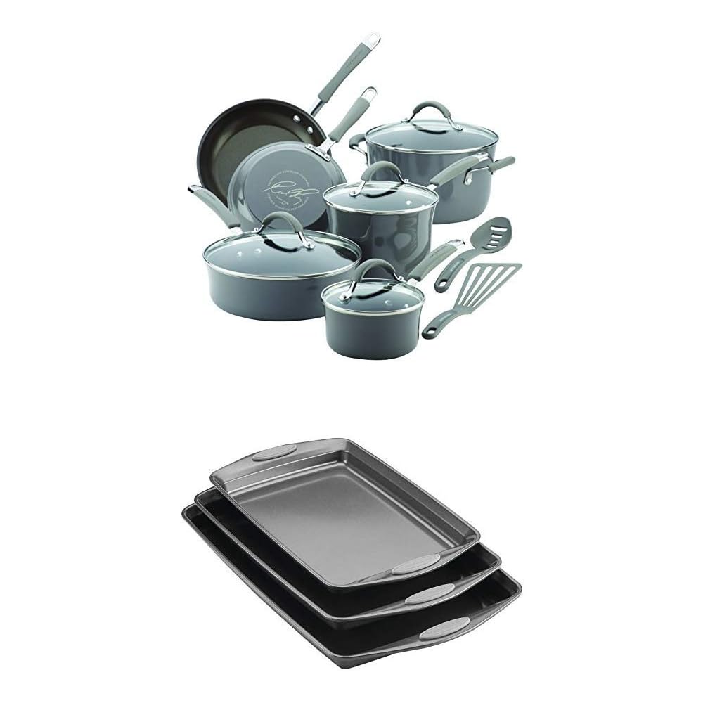 Rachael Ray Cucina Hard Porcelain Enamel Nonstick Cookware Set, 12-Piece, Sea Salt Gray with Rachael Ray Nonstick Bakeware Cookie Pan Set, 3-Piece, Gray with Sea Salt Gray Silicone Grips