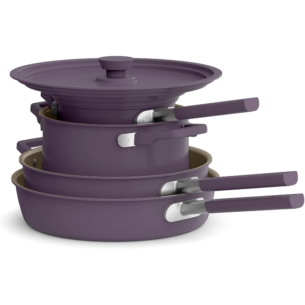 bella 9 Piece Ceramic Nonstick Cookware Set, Fits-anywhere™ Kitchenware w EverGood™ Coating, Dishwasher &amp; Oven Safe, All Stovetops Compatible, Stackable Design, Cool Touch Handles, Plum