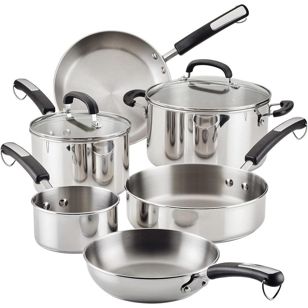 Farberware Brilliance Stainless Steel Cookware Pots and Pans Set with Kitchen Cooking Tools and Glass Lids, 10 Piece, Dishwasher Safe and Induction Ready, Stainless Steel