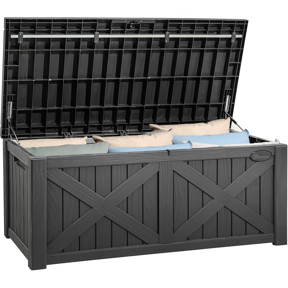 YITAHOME 120 Gallon Large Deck Box with X-Shaped Front, Resin Outdoor Storage Boxes, Waterproof Cushion Storage Bench for Patio, Pool Supplies, Garden Tools Lockable, Dark Gray