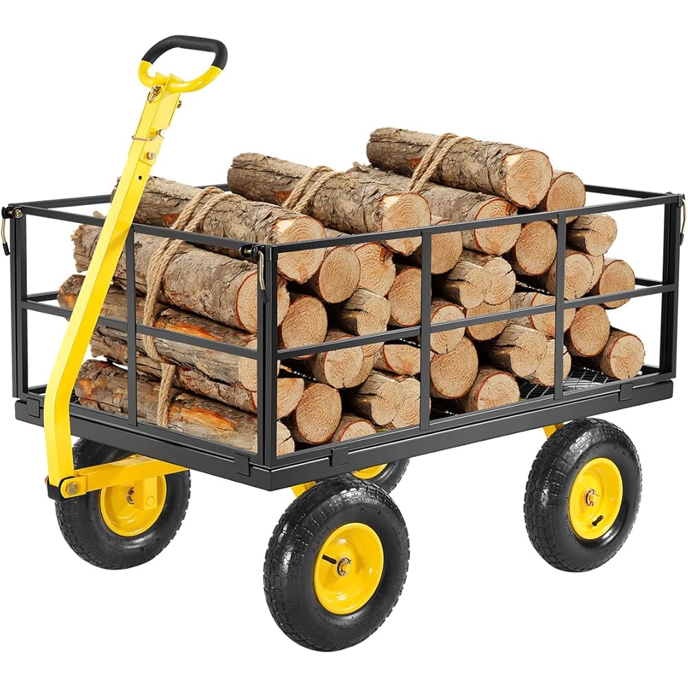 VEVOR 1400 Lbs Steel Garden Cart, Heavy Duty Pullable Garden Wagon Yard Cart, 2 in 1 Outdoor Metal Utility Wagon Yard Trailer with 13" All Terrain Tires, Mesh Removable Sides and 180°Rotating Handle