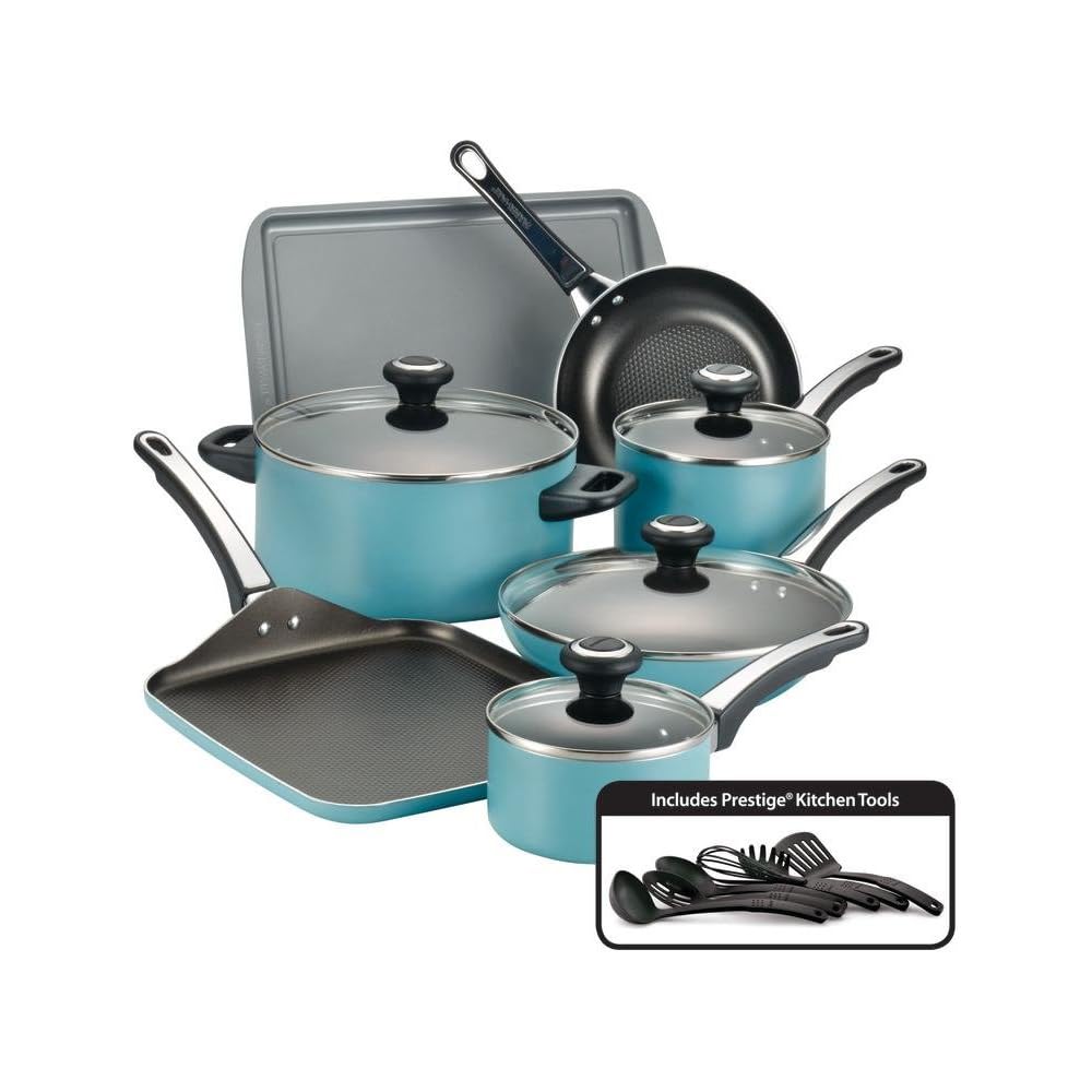 Farberware 21926 High Performance Nonstick Cookware Pots and Pans Set Dishwasher Safe, 17 Piece, Aqua