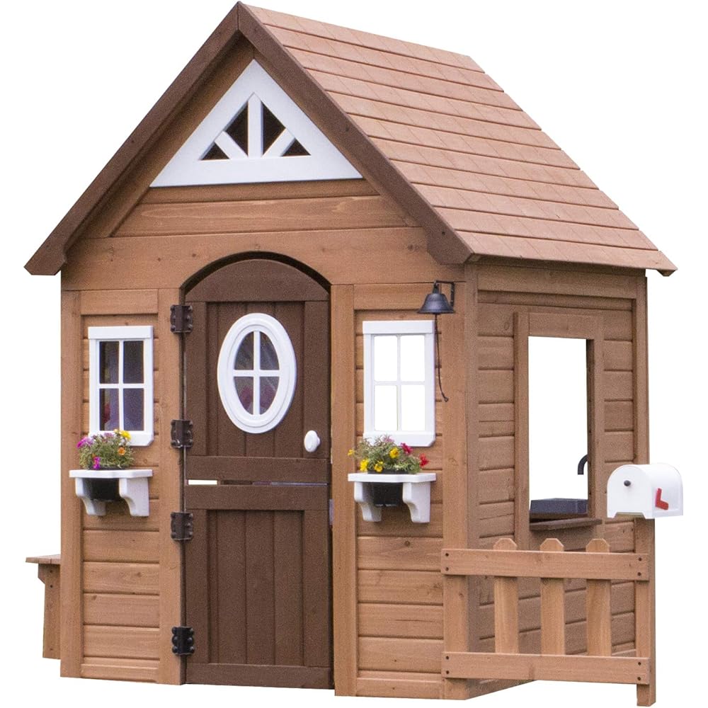 Backyard Discovery Aspen Cedar Wooden Kids Playhouse Cottage with Play Kitchen, Snack Bar, Picnic Bench, Dinner Bell, Mailbox, Dutch Door, Flowerpot Holders, Toy Lights, Country Style for Outdoor Play