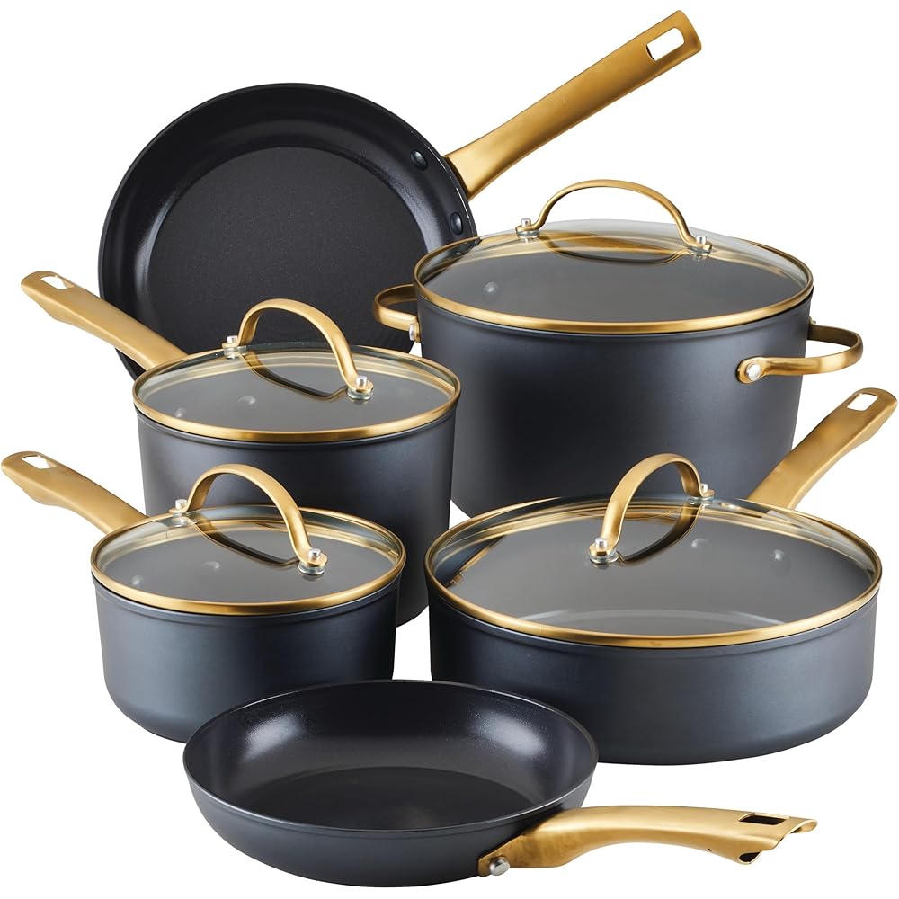 Farberware Forged Induction Ceramic Nonstick Pots and Pans Set with Lids and Kitchen Cooking Tools Dishwasher Safe, Suitable for All Stovetops, 12 Piece Cookware Set Black and Gold