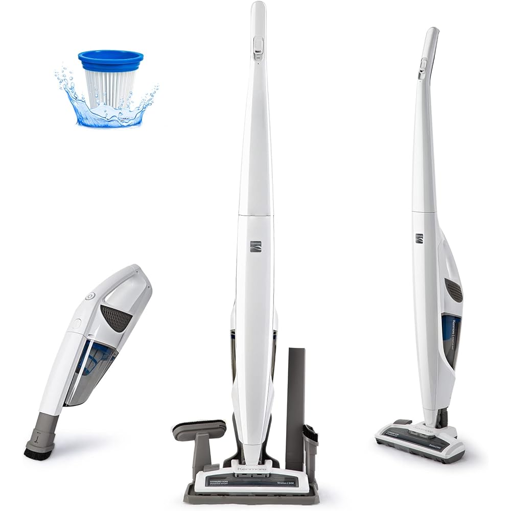 Kenmore DS1030 Cordless Stick Vacuum Lightweight Cleaner 2-Speed Power Suction LED Headlight 2-in-1 Handheld for Hardwood Floor, Carpet &amp; Pet Hair, White