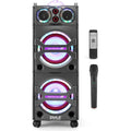 Pyle Portable Bluetooth PA Speaker System 2000W Active powered Outdoor Bluetooth Speaker Portable PA System w/ Microphone In, Party Lights, USB SD Card Reader, AUX/RCA/FM Radio, Wheels PSUFM1043BT