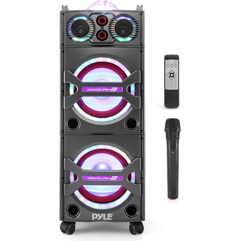 Pyle Portable Bluetooth PA Speaker System 2000W Active powered Outdoor Bluetooth Speaker Portable PA System w/ Microphone In, Party Lights, USB SD Card Reader, AUX/RCA/FM Radio, Wheels PSUFM1043BT