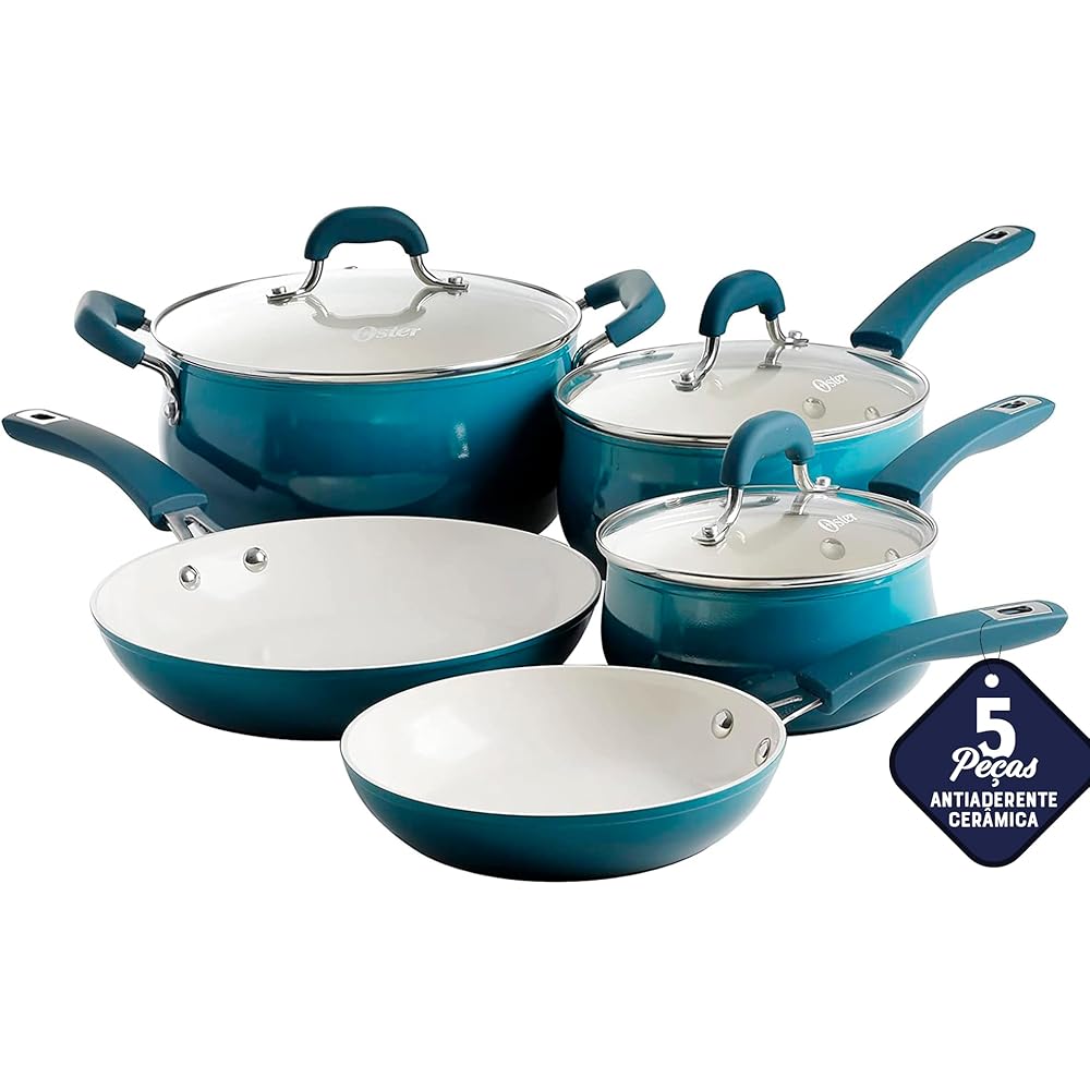 Oster Corbett 8 pc Gradient Teal Forged Aluminum Cookware Set With Ceramic Non-stick Induction Base Soft Touch Bakelite Handle and Tempered Glass Lids