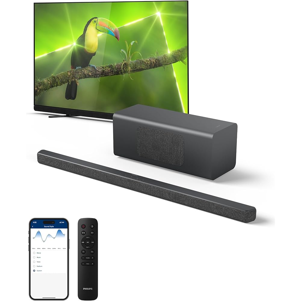 PHILIPS B6309 2.1 Channel Soundbar with Wireless Subwoofer,3D Surround Sound with DTS Virtual:X &amp; Dolby Atmos,Easy Setup with Roku TV Ready™,APP or Remote Control,HDMI eARC,Slim Design,Dark Grey