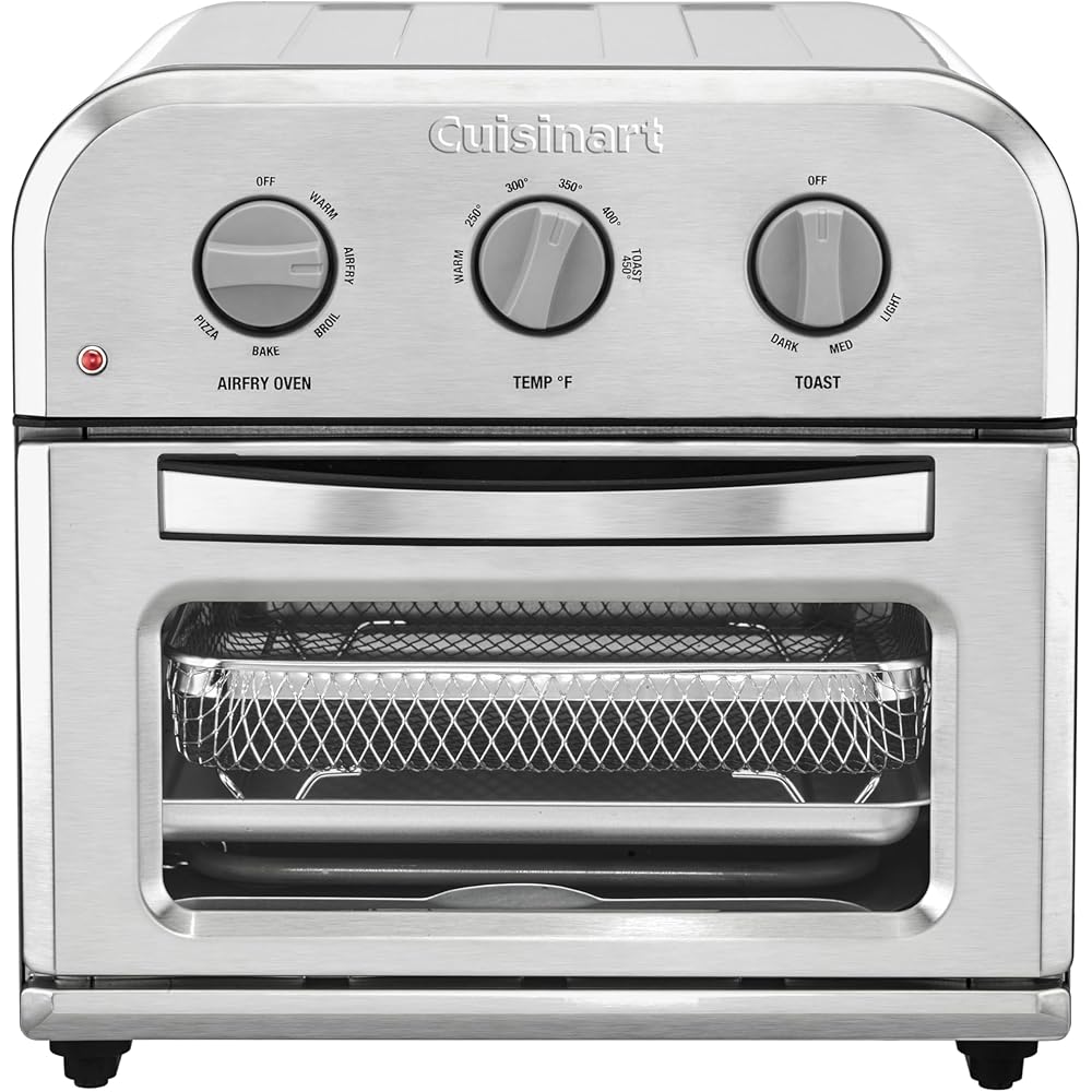 Cuisinart Compact Air Fryer Toaster Oven, Stainless Steel Fryer with 6-in-1 Functions, Adjustable Temperature, Includes Oven Rack, Baking Pan and Air Fry Basket, TOA-26