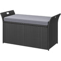 DWVO 90 Gallon Outdoor Storage Bench,Rattan Deck Box with Cushion, Outside Bench for Patio Storage,Yard,Pool,Garden,Black&amp;Grey