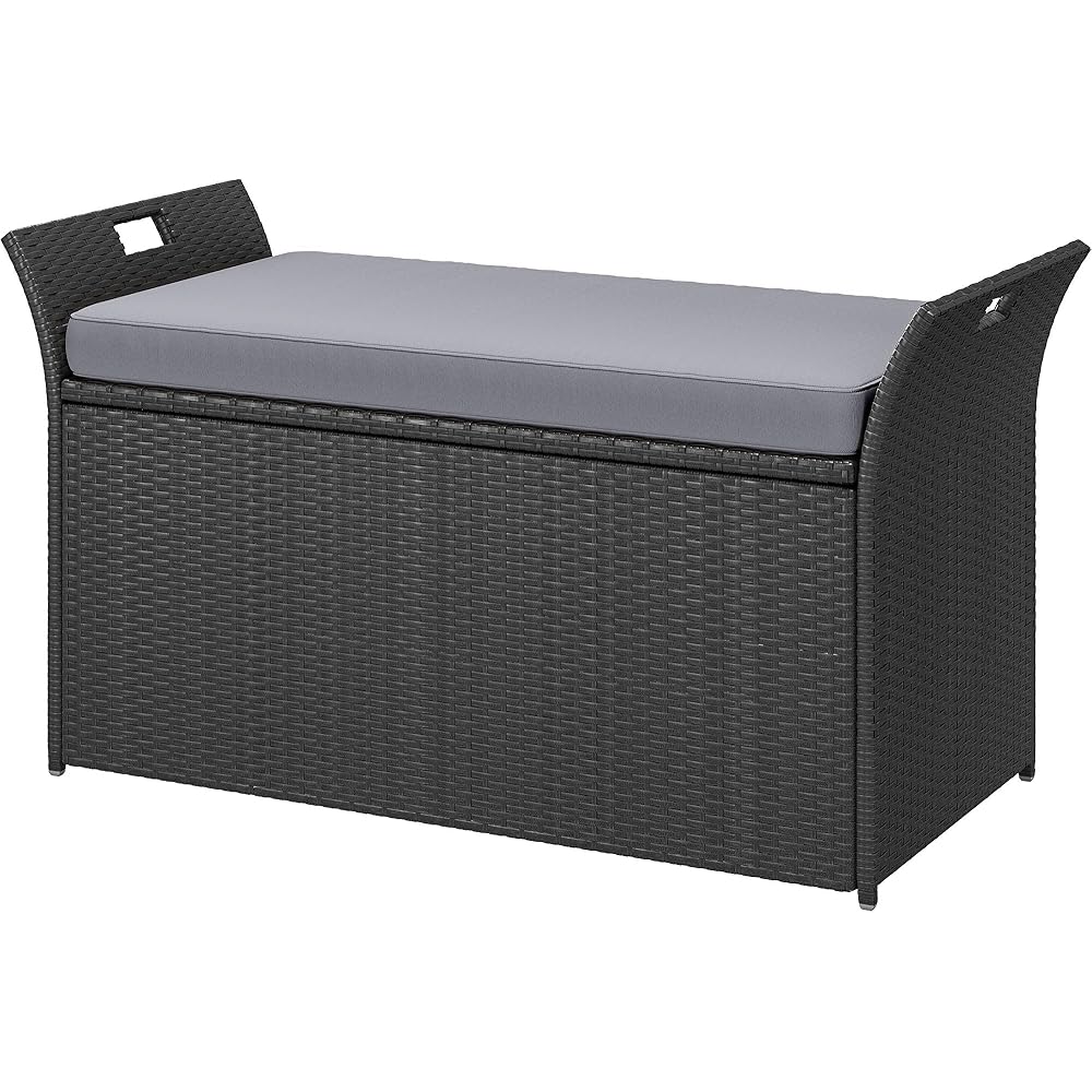 DWVO 90 Gallon Outdoor Storage Bench,Rattan Deck Box with Cushion, Outside Bench for Patio Storage,Yard,Pool,Garden,Black&amp;Grey