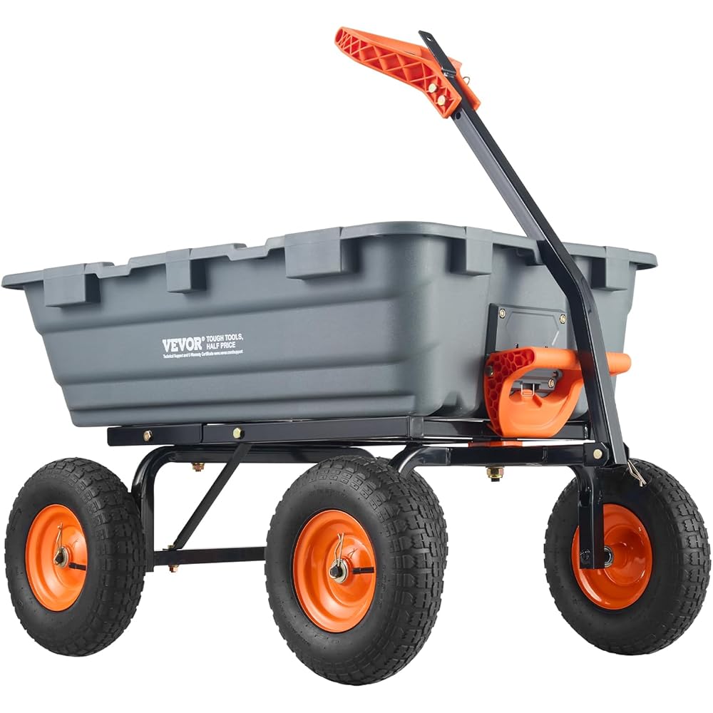 VEVOR 1200lbs 7Cu.Ft. Garden Dump Cart with 2-in-1 Convertible Handle and 13in All Terrain Wheels, Heavy Duty Poly Yard Dump Wagon Utility ATV Trailer Dump Cart Tow Behind for Lawn Mower Tractor