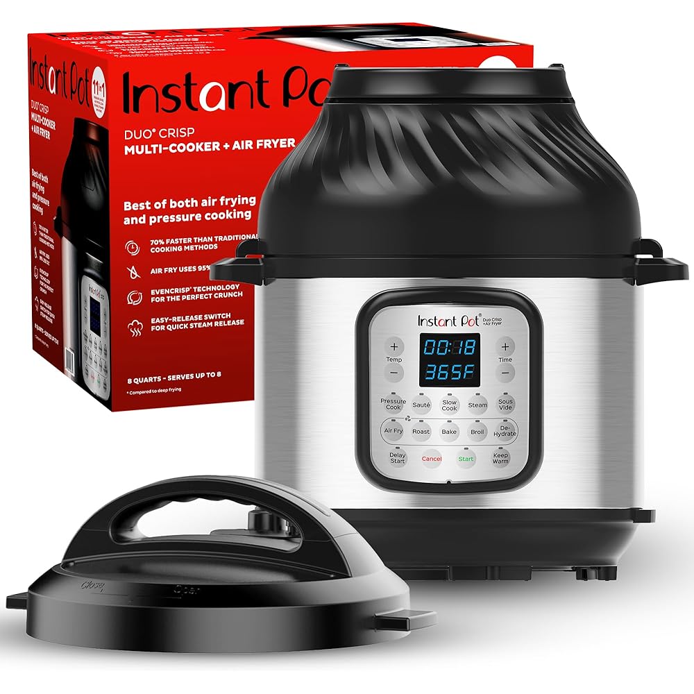 Instant Pot Duo Crisp 11-in-1 Air Fryer and Electric Pressure Cooker Combo with Multicooker Lids that Fries, Steams, Slow Cooks, Dehydrates,Free App With Over 800 Recipes, Black/Stainless Steel, 8QT