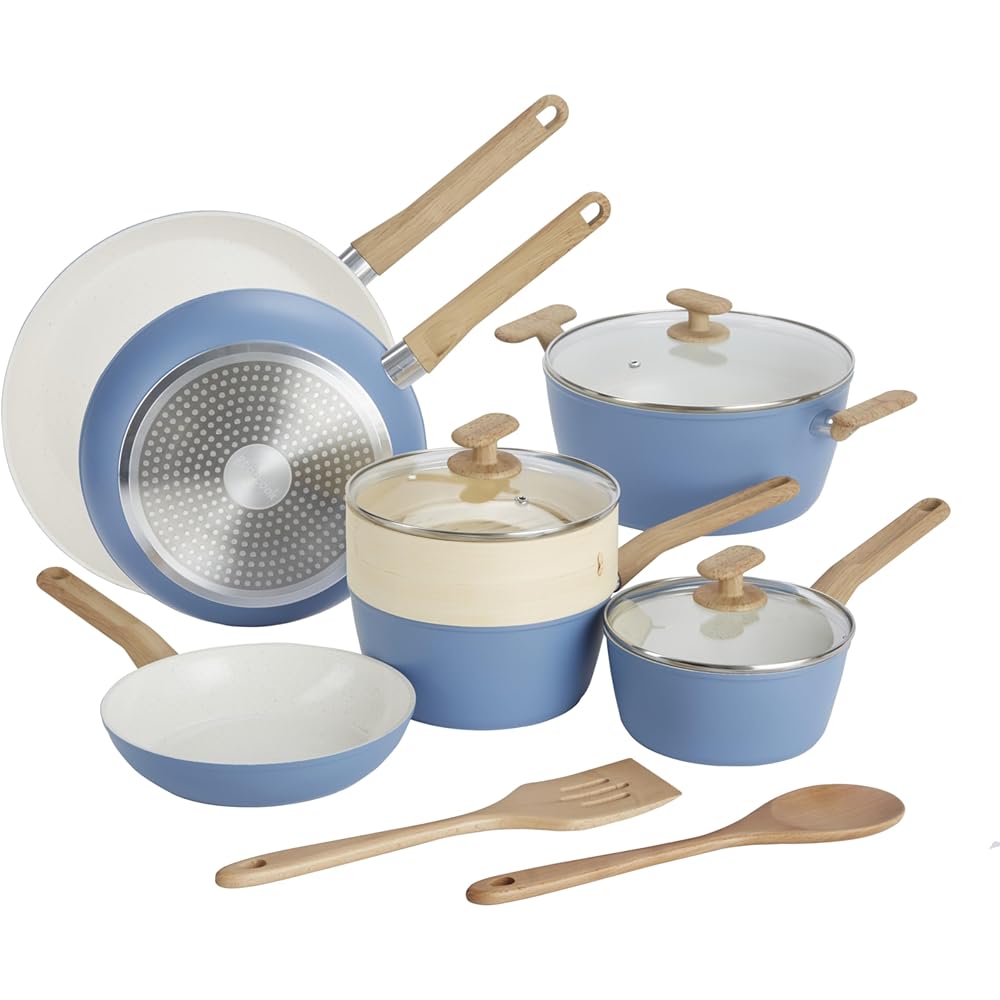 GoodCook 12-Piece Healthy Ceramic Titanium-Infused Cookware Set, Light Blue – Pots, Pans, Steamer, Spoon &amp; Turner – Induction Cookware, Kitchen Pots &amp; Pans Set, Nonstick Cooking Pan Set