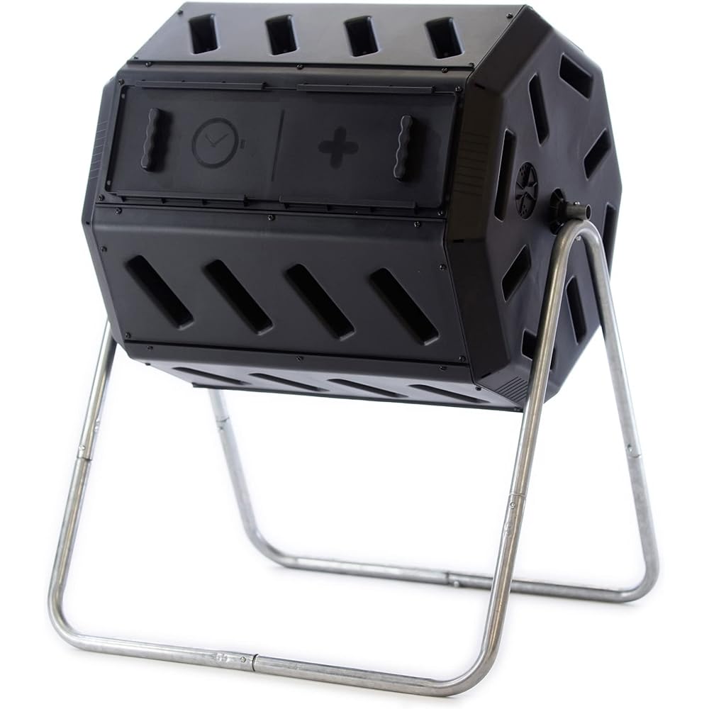 FCMP Outdoor IM4000 Dual Chamber Tumbling Composter Canadian-Made, 100% Recycled Resin Outdoor Rotating Compost Tumbler Bin for Garden, Kitchen, and Yard Waste, Black (37 Gallon)