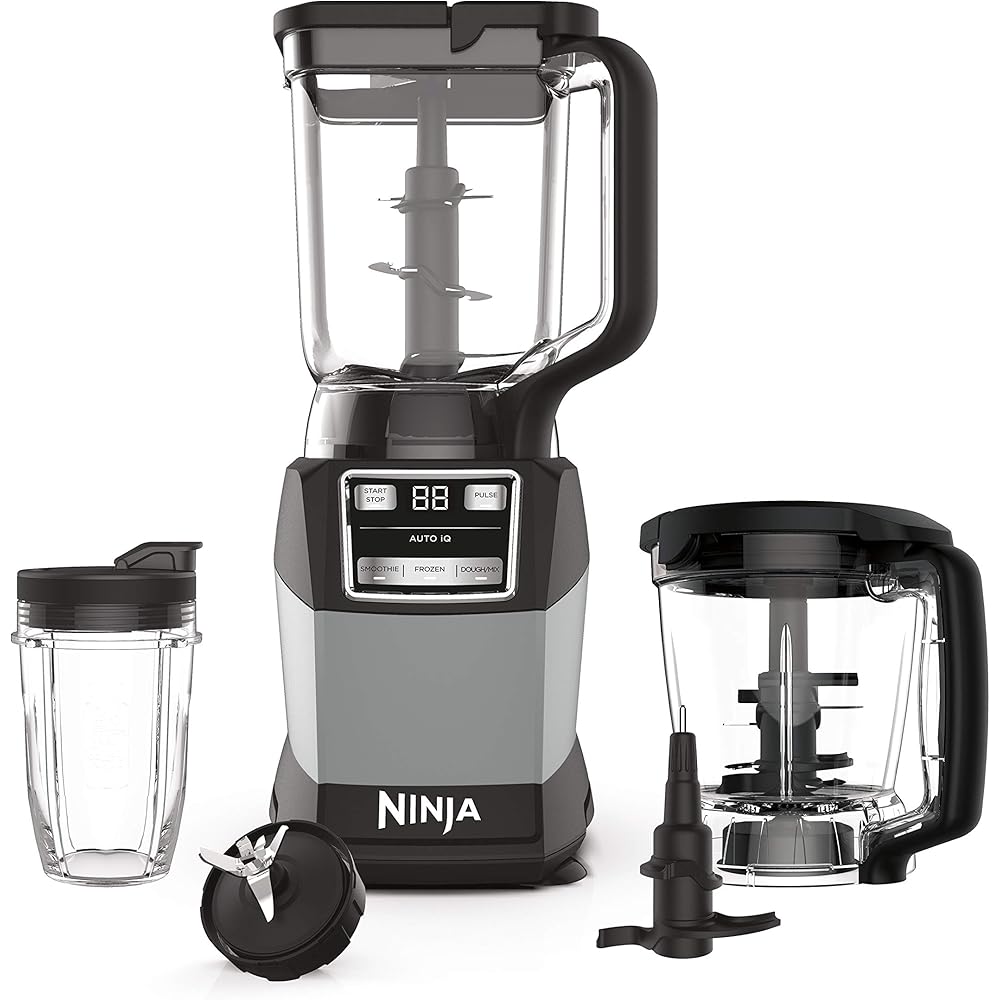 Ninja Blender, Compact Kitchen System, 1200W, 3 Functions for Smoothies, Dough &amp; Frozen Drinks with Auto-IQ, 72-oz.* Blender Pitcher, 40-oz. Processor Bowl &amp; 18-oz. Single-Serve Cup, Grey, AMZ493BRN